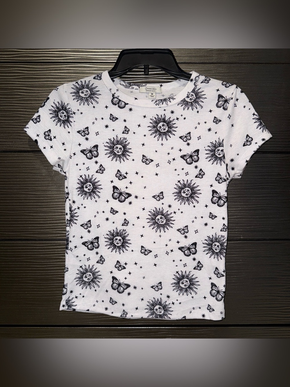 White Baby Tee with Black Sun & Butterfly Print
